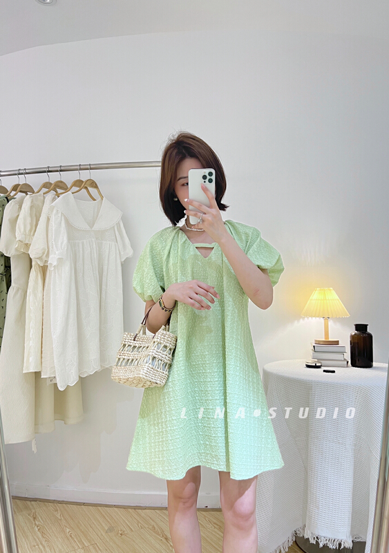 [Lina] bubble sleeve V-neck celebrity dress 0130# hjy