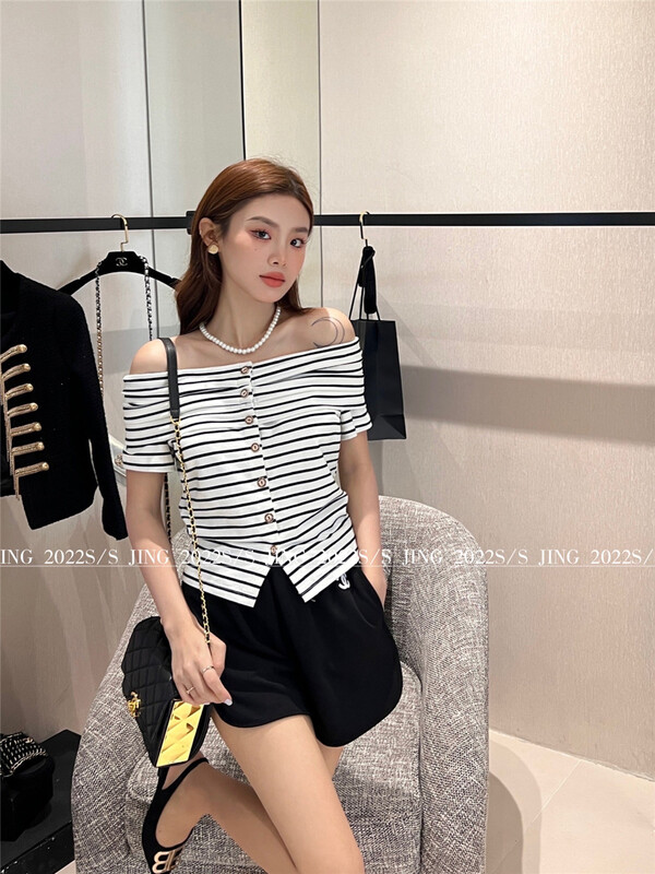 [Jing] Korean stripe straight neck short shirt 6655# cqw