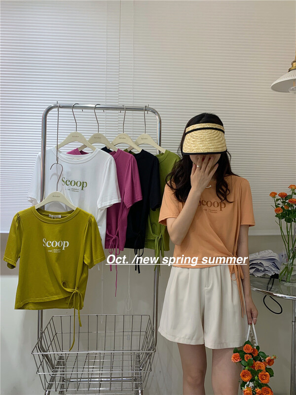 [OCT] Korean casual letter round neck short sleeve T-shirt 8199# hjy