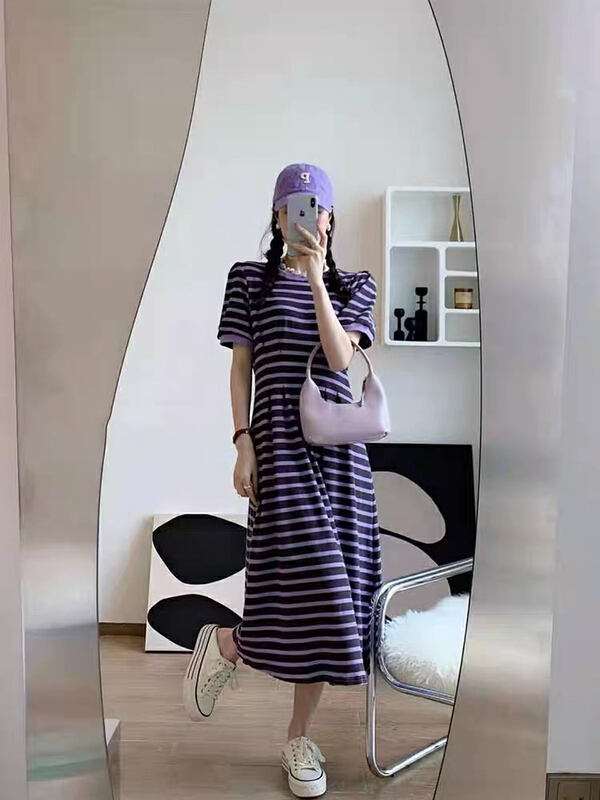 New in early summer! [blue show] versatile stripe waist dress 8137# LSW