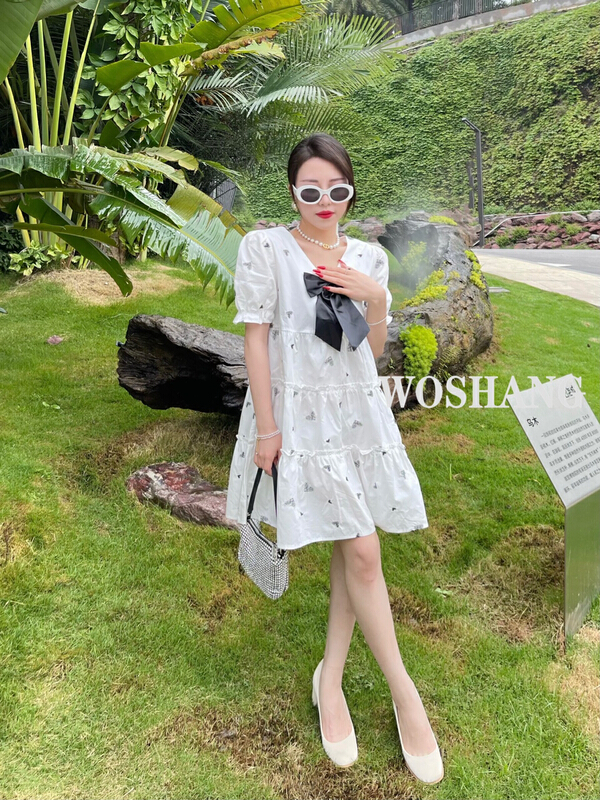 [woshang] bubble sleeve Princess French retro first love gentle little dress (with detachable bow) 5669# XYJ