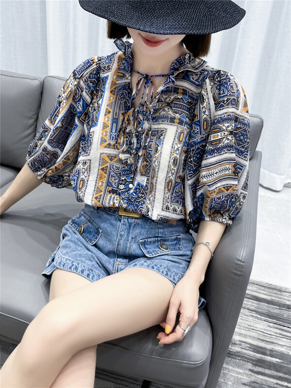 [UUS] Korean short sleeved shirt + high waist thin Denim Shorts Set (with belt) 222328# zyh