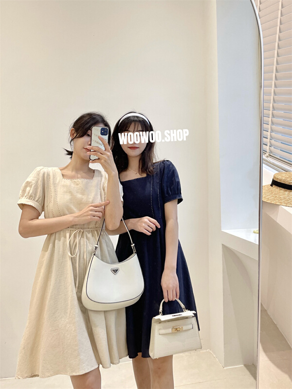 New in early summer! [so woo] Korean version square neck bubble sleeve waist closing dress 62655# WPL