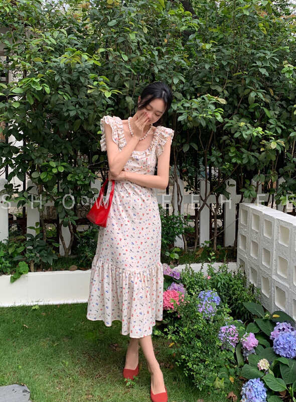 [xiuxixi] French gentle double Ruffle Printed Dress 8090# zxx
