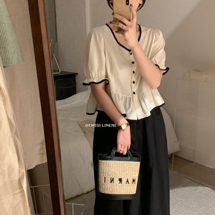 [Imiss] fashionable and versatile color contrast Tiansi blouse (only selling blouses) cx7090# LSW