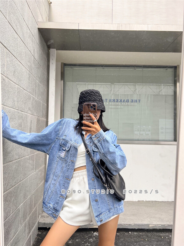 New year in early spring! [8090] Plaid Pocket fashion denim coat n9002# L