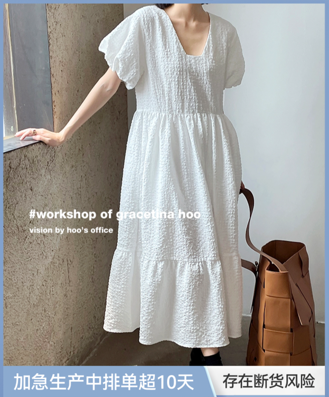 [gracetina Hoo] textured pleated bubble sleeve dress ly6119# zxl