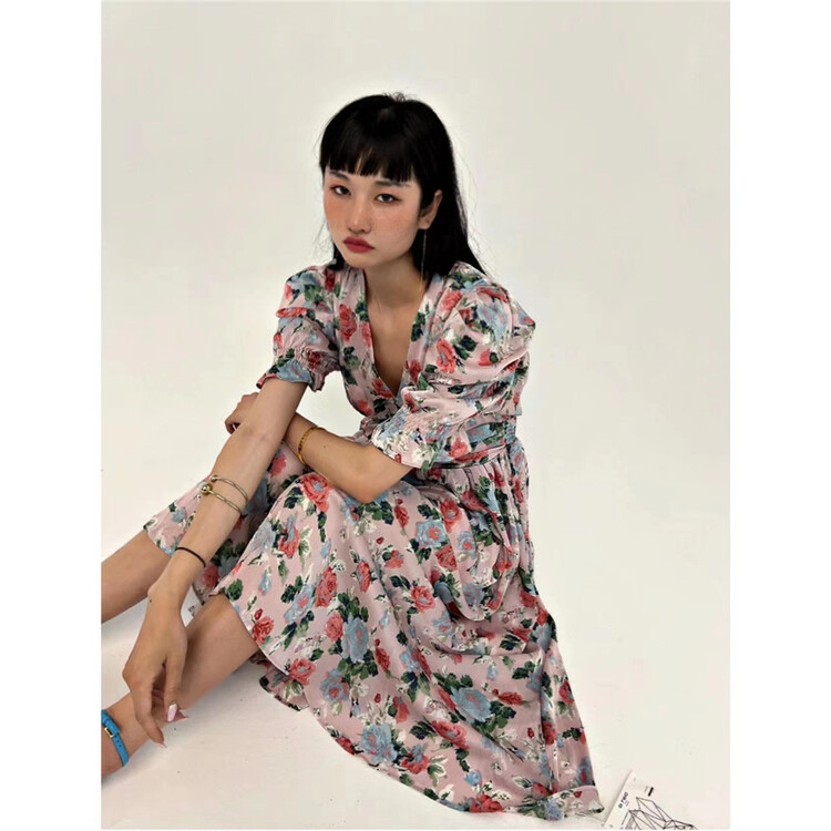 New in early summer! [D2] lady temperament floral bubble sleeve dress 2203055# CSX