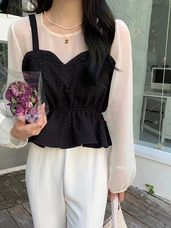 goods in stock! New in early summer! [ul-2] Vintage stitching fake two piece waist closing Ruffle blouse 6058# JJ
