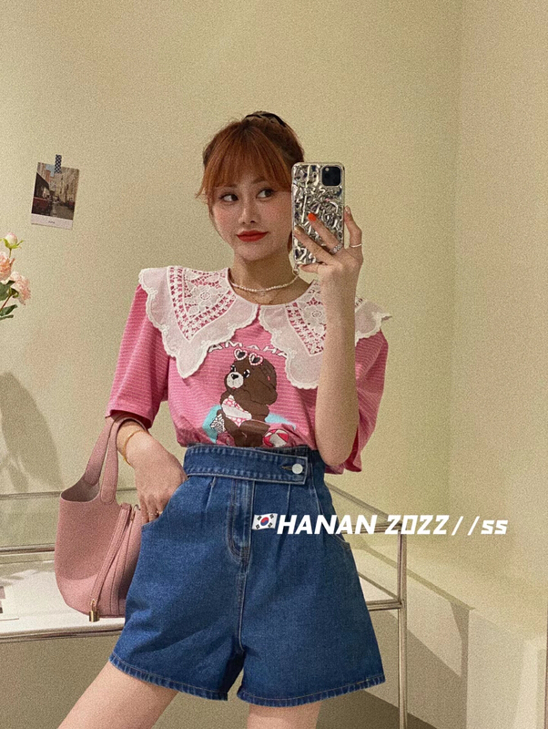 New in early summer! [Hanan] Korean versatile loose large bear doll neck short sleeved T-shirt (only T-shirts) ys1-6111# LSL