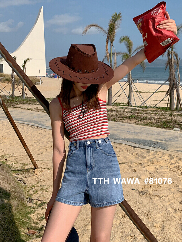 New in early summer! [Wawa] Korean casual versatile elastic waist design denim shorts 81076# ozq