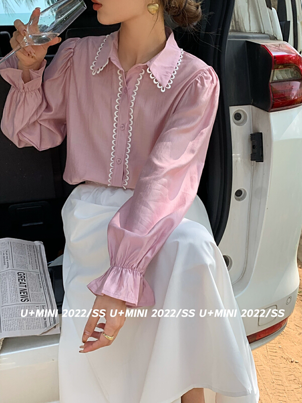 goods in stock! New year in early spring! [U + Mini] Korean sweet water soluble flower petal sleeve shirt d0363# WPL