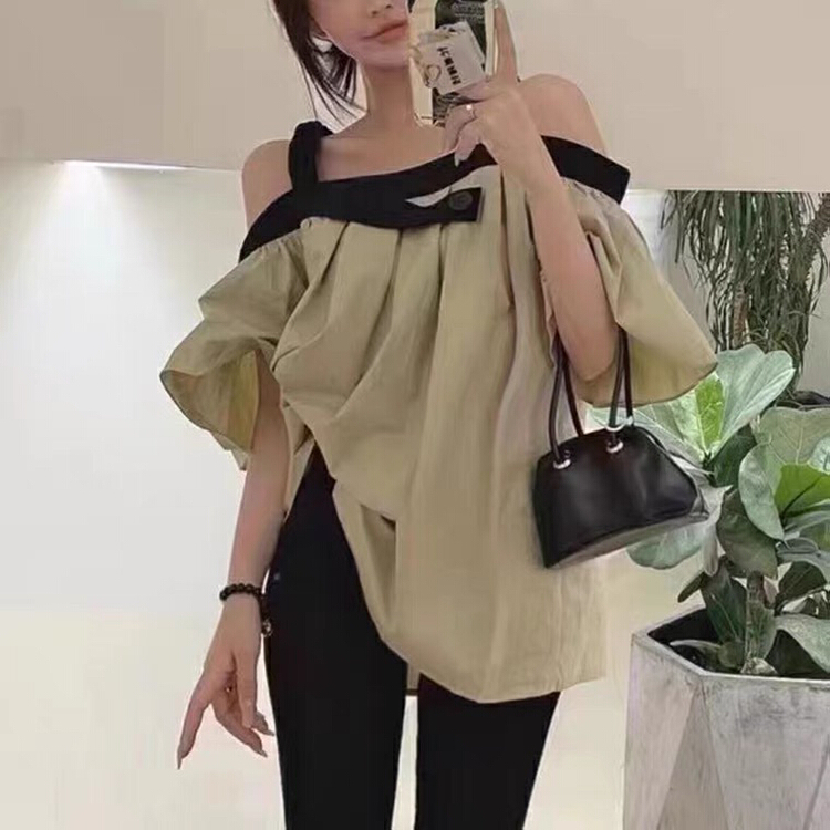[Hello] off shoulder loose fit one shoulder elastic belt blouse ys-6311# lwy