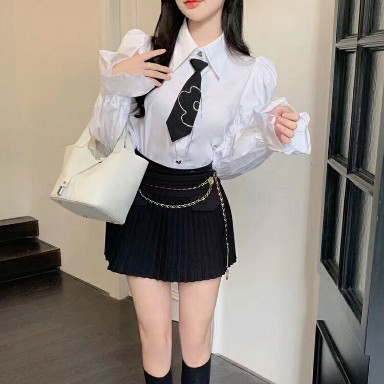 早春上新！【M.H】韓版簡約襯衫+百褶修身半身裙套裝(配腰繩)  0790#  PCZ
