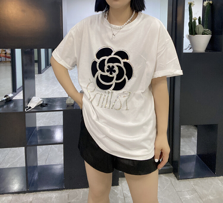 New in early summer! "Seven" fashion flocking drill short sleeve T-shirt 7389# ZYH