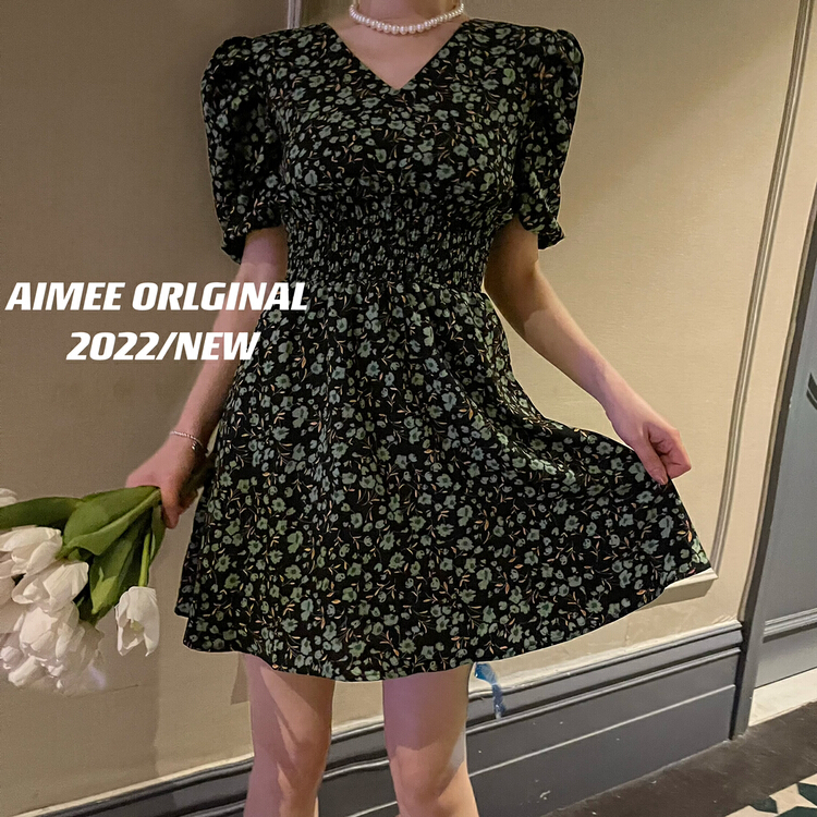 [section of me] temperament versatile Korean elastic waist floral V-neck dress (dress only) w9106# ozq