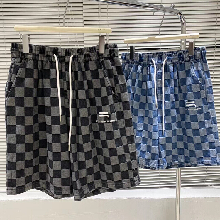 [z.w] elastic waist checkerboard personalized denim shorts 7103# ZZL