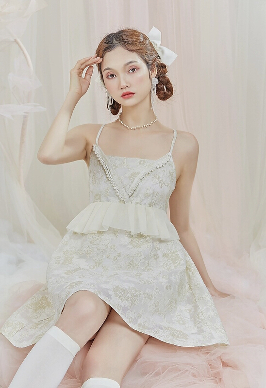 [AC] retro thin suspender pearl dress 6874# JJ