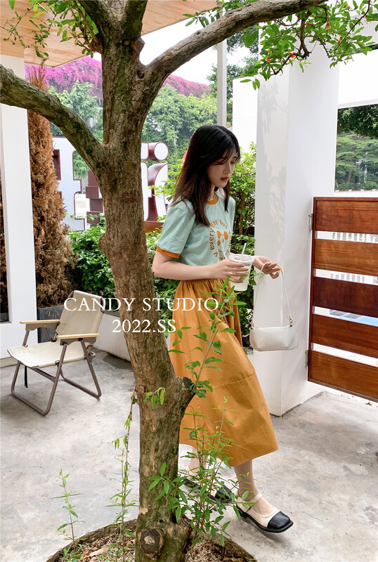 [candy] Korean color contrast stripe loose short sleeve T-shirt 3306# zjy