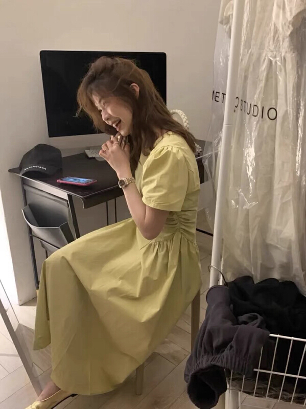 [RM. HH] round neck milk yellow bubble sleeve Pleated Dress ys1-336# ozq