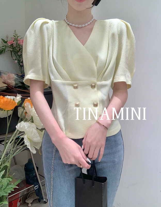 goods in stock! New in early summer! [Tina Mini] Korean version V short double breasted shirt m0121# hjy
