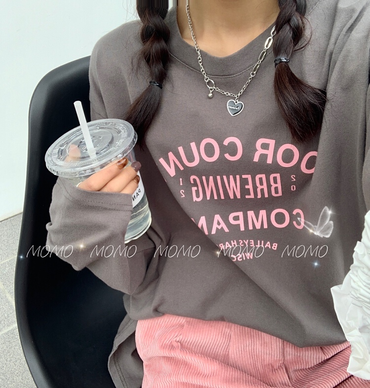 New year in early spring! [Momo] Korean simple and versatile letter printed loose long sleeved T-shirt (T-shirt only) 9601# HBx