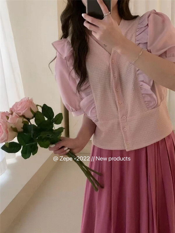 [Ze] V-neck single breasted color matching shirt 8505# ll