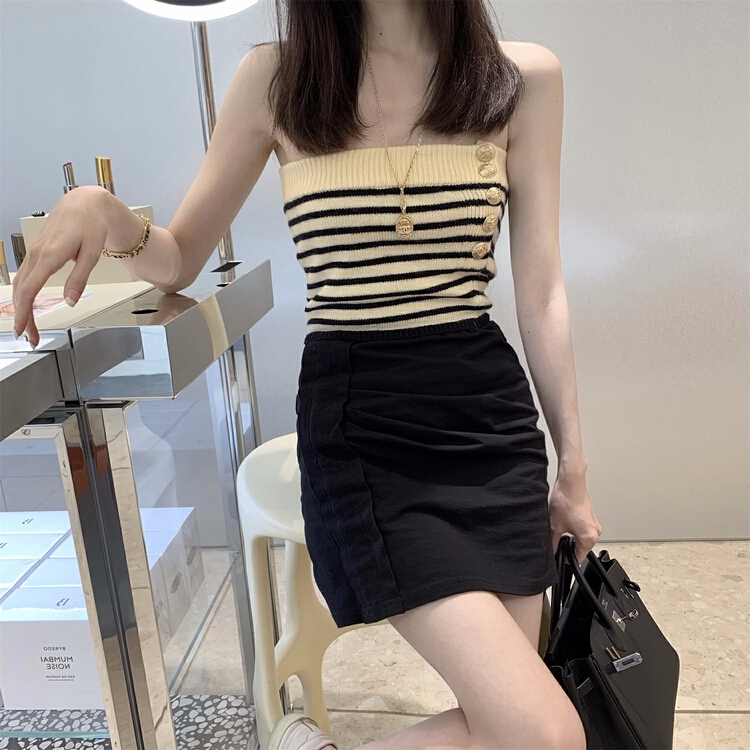 New in early summer! [pan] stripe contrast color wrap chest female metal buckle sexy Strapless tight vest / suspender 00393# PCZ