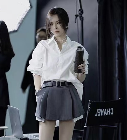 [are studio] simple and versatile Lapel shirt + high waist slim Skirt Set (with belt) 81167# zxx