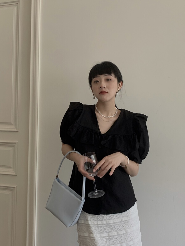 [meet + studio] ruffled bubble short sleeve V-neck blouse 9051# LSL
