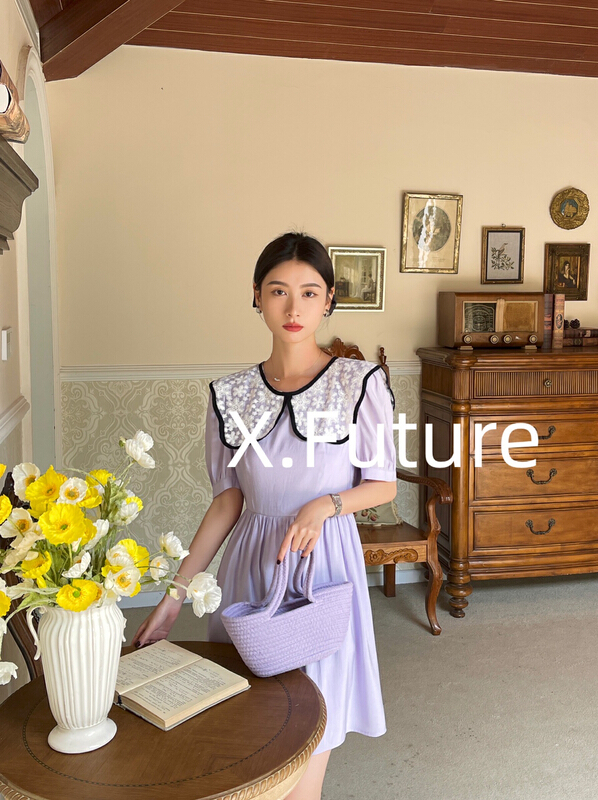 [x.future] French sweet wind stitched lace doll neck dress x8117# zxx