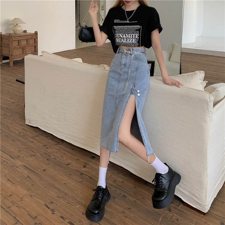 New year in early spring! [kakajia] high waist slit A-shaped denim mid length skirt (without belt) 9011# ozq