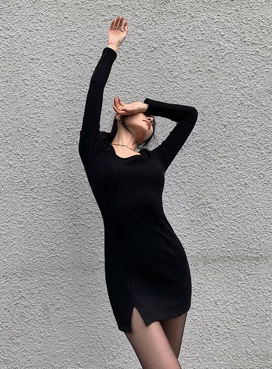 [Hello] solid color square neck versatile dress (dress only) a6201# lwy