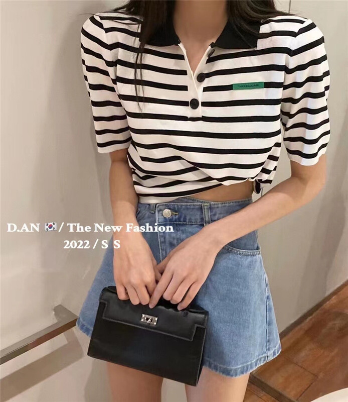 [d.an] Korean Vintage striped polo collar T-shirt 8877# zxx