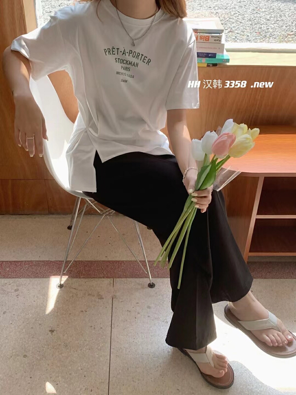 [HH] simple casual letter button design Short Sleeve T-shirt 3358# L