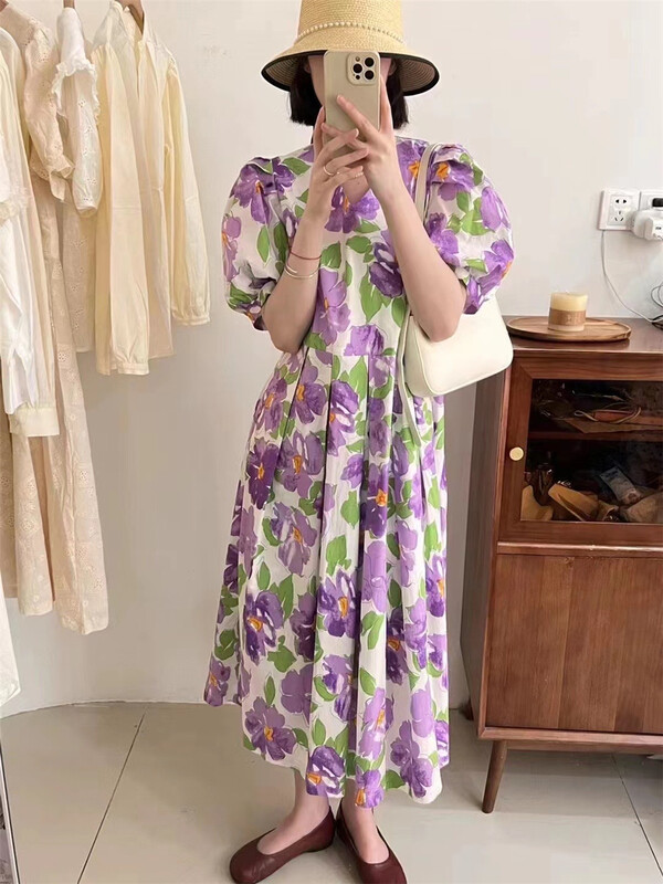 [sq] Hong Kong Style minority print bubble sleeve dress 3313# zxx