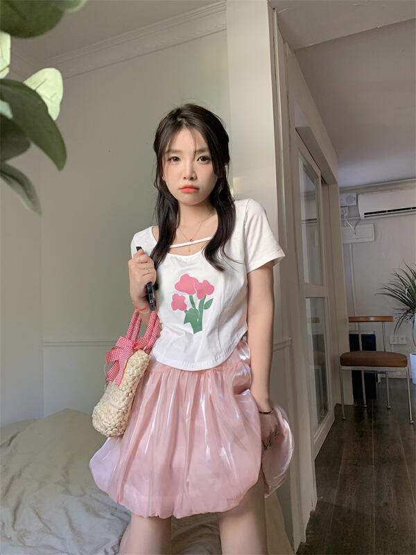 [dolly] age reducing playful flower print short sleeved T-shirt + puffy Skirt Set (only set) 5525# LSW