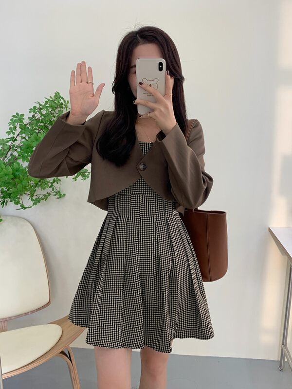 [victory. 2] Korean Plaid suspender skirt + short one button suit set b40# jhy