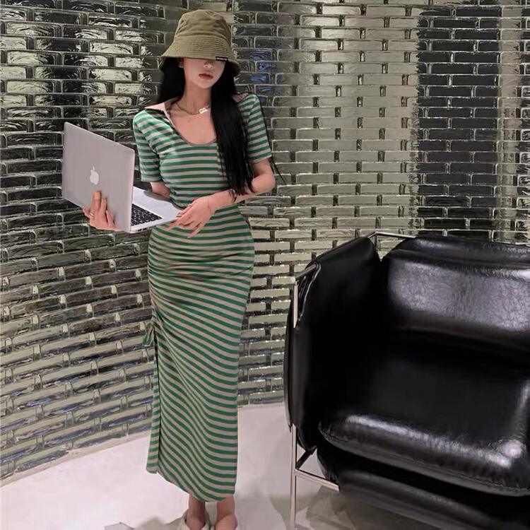 New in early summer! [L.L studio] polo collar contrast Stripe Drawstring dress 7582# PCZ