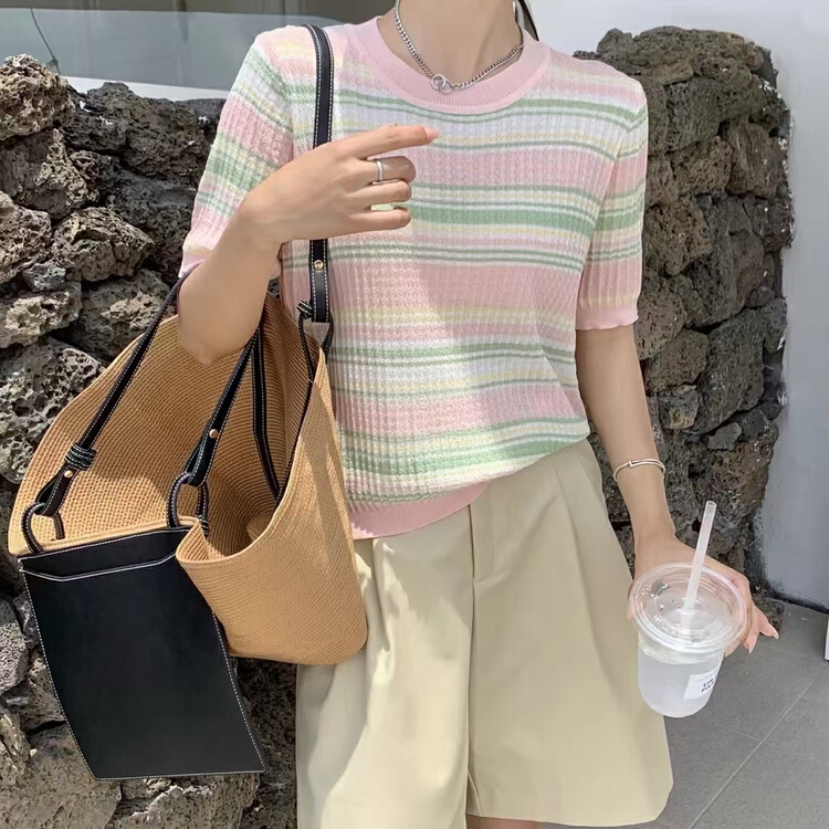 New in early summer! [city light] Korean color stripe short sleeve sweater 3031# XJ