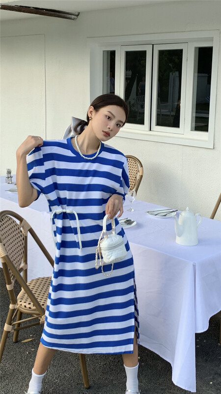 [aenna] Korean striped loose bubble sleeve Chinese knot decorative dress 8210# cqw
