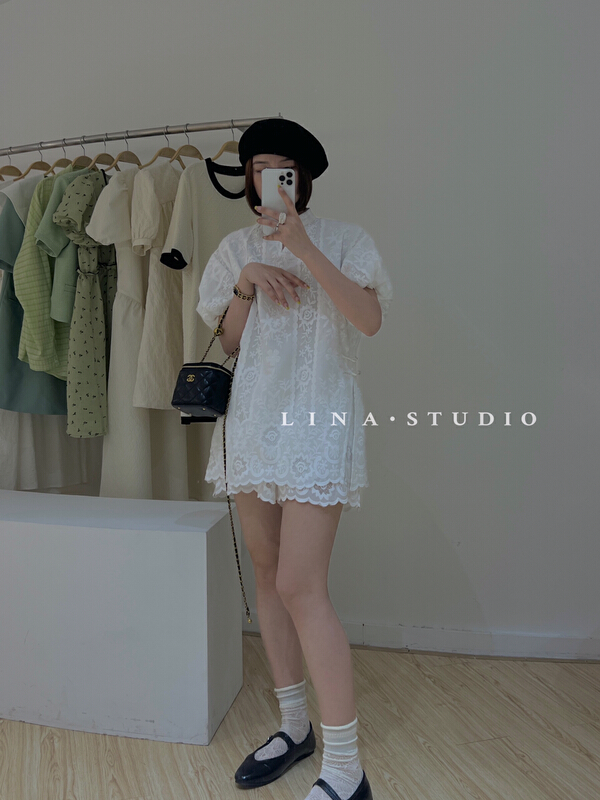 goods in stock! New in early summer! [Lina] embroidered high-grade bubble short sleeve + simple casual suit 0119# hjy