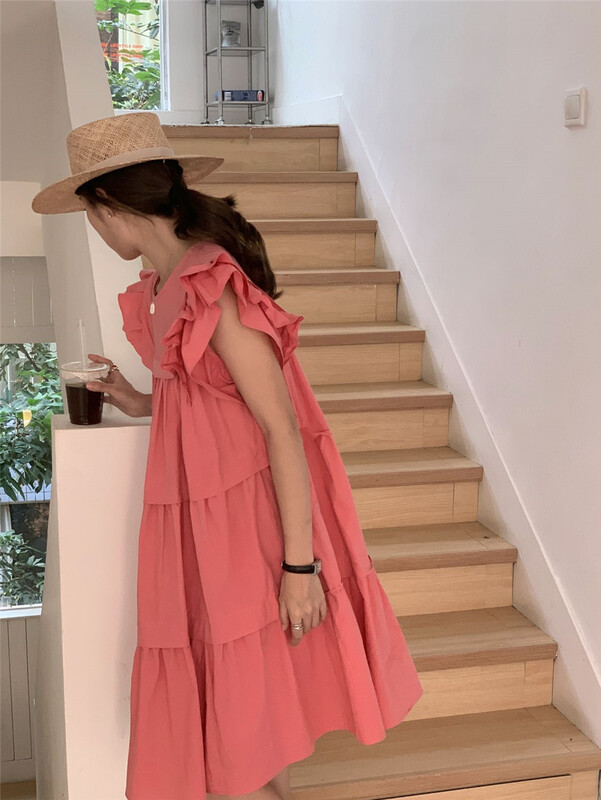 [clean space] Korean style flying Sleeve Ruffle Dress 31832# CLS