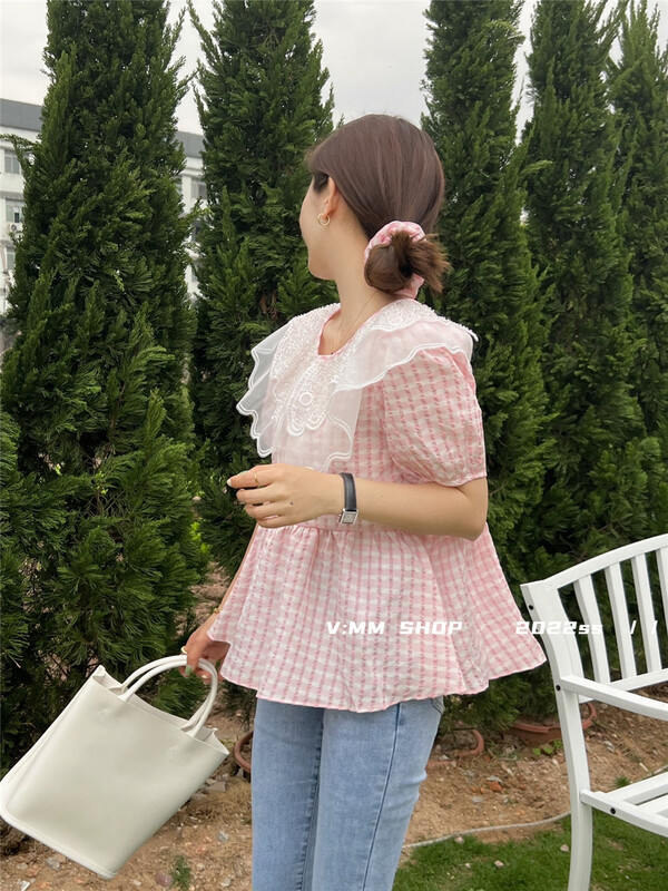 goods in stock! New in early summer! [V: mm] sweet Japanese Plaid lotus leaf collar shirt (with hair circle) 3068# CLS