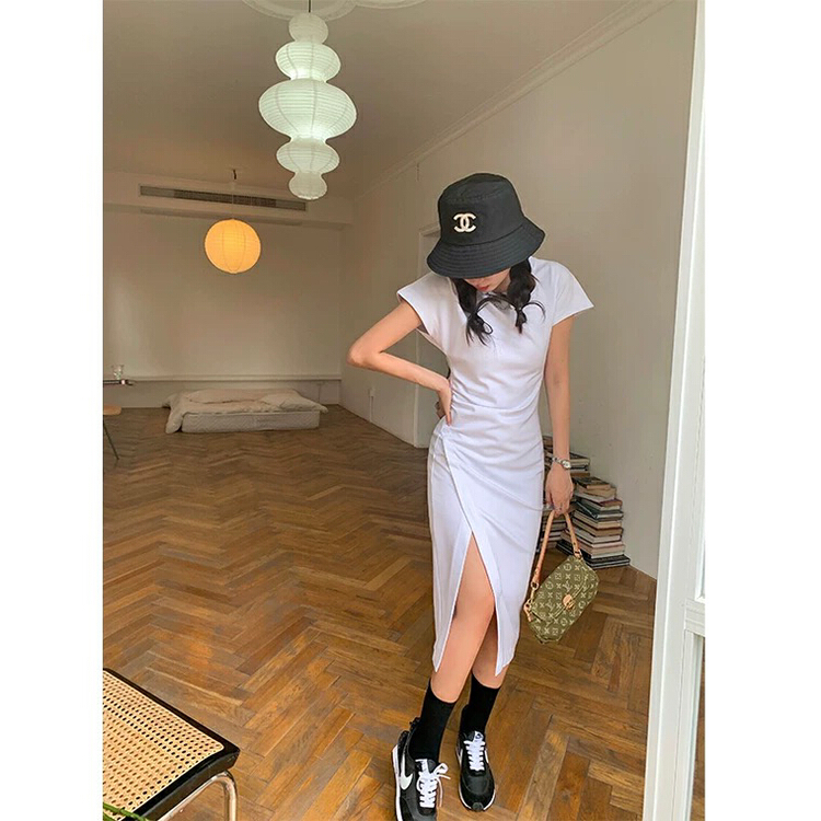 [L.L studio] temperament solid color thin slit dress 77103# PCZ