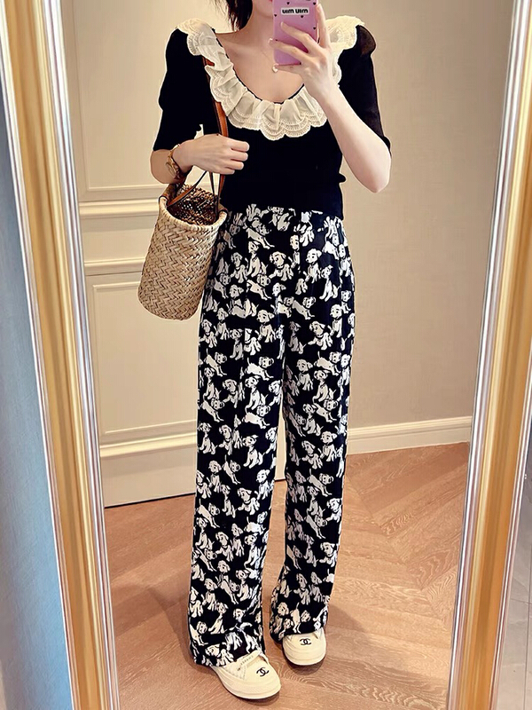 [savage] Korean version high waist SLIM STRAIGHT elastic waist black dog casual pants e8100# WPL