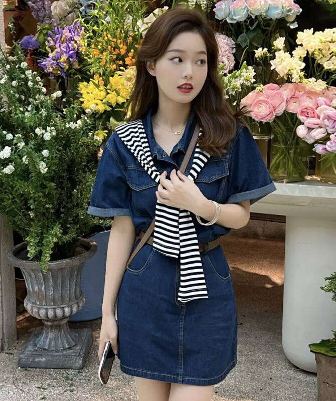 New in early summer! [JH] net red wash denim dress (with belt and shawl) 41448# PCZ
