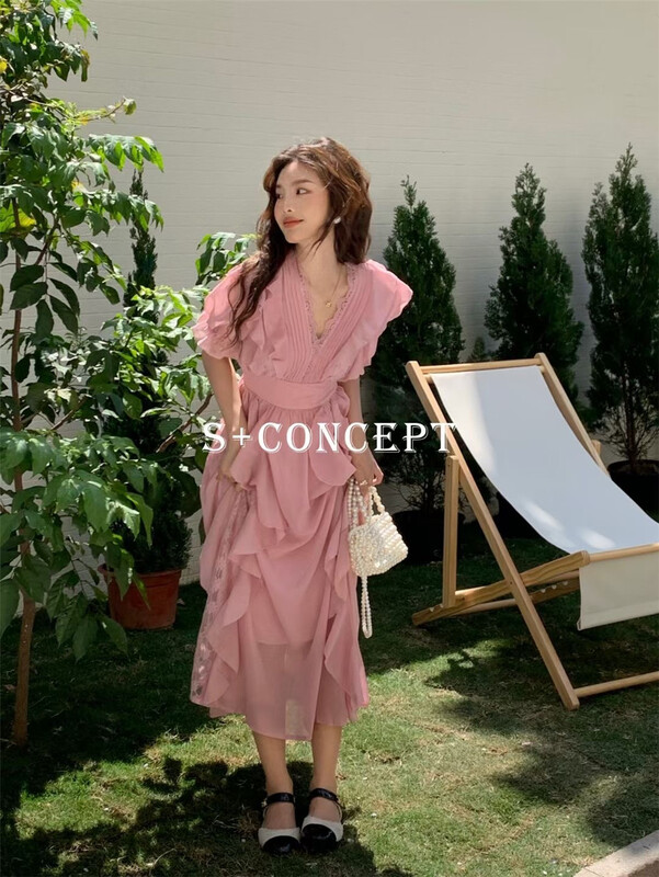 [S +] Korean solid color Ruffle waist closing dress 8699# cqw