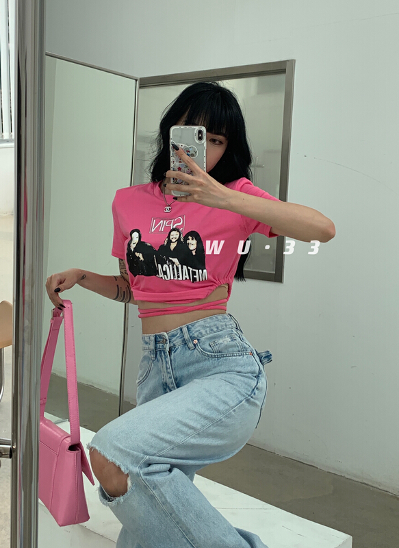 New in early summer! [Wu. 33] Korean print drawstring Spice Girls short sleeve T-shirt 22222# WTT