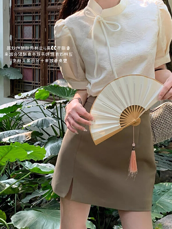 [Huaxi] Chinese cheongsam Short Sleeve Top + high waist slim skirt suit 9013\pcz